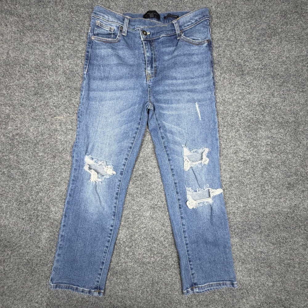 Kendall + Kylie High Rise Straight Leg Distressed Crossover Jeans Blue Size 9/29